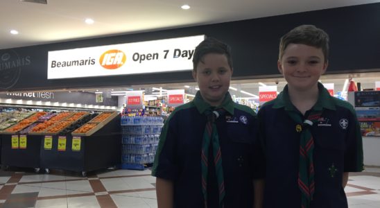 Cathal and Jack outside the supermarket