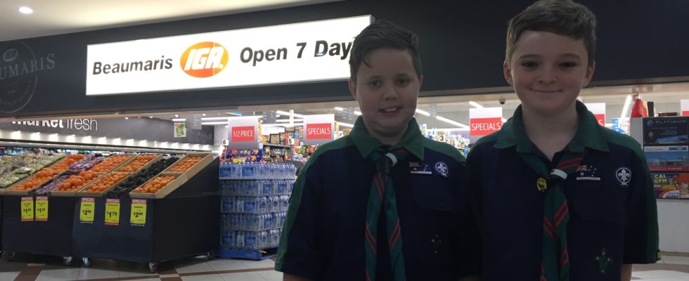 Cathal and Jack outside the supermarket